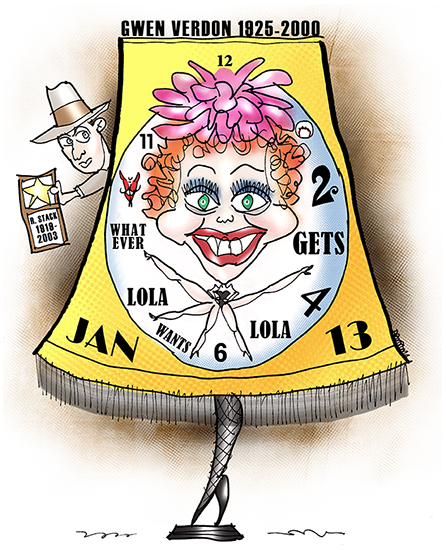 January 25th birthday tribute to Broadway dancer Gwen Verdon showing clock embedded in Christmas Story leg lamp and Verdon in her role as Lola in the musical Damn Yankees, with Robert Stack as Eliot Ness in background