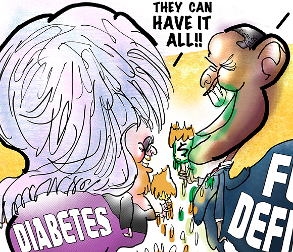 detail image of caricatures of Paula Deen the TV celebrity chef who cooks with lots of butter and just revealed she has Type 2 diabetes and and Barack Obama who keeps adding to the federal deficit both of them with big fat lard butts against giant Twinkie in background