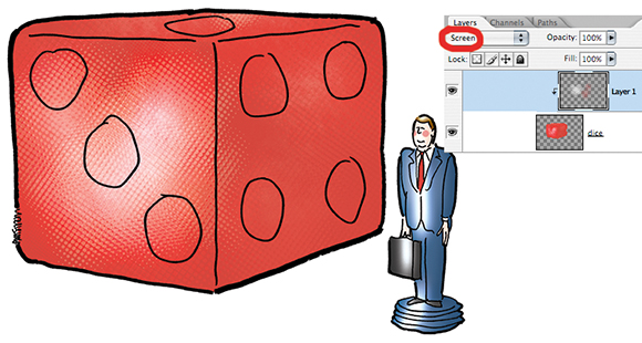 illustration showing dice and board game playing piece in form of little corporate lawyer man with briefcase and Photoshop Layers palette showing how illustration was constructed using blending modes and layer masks