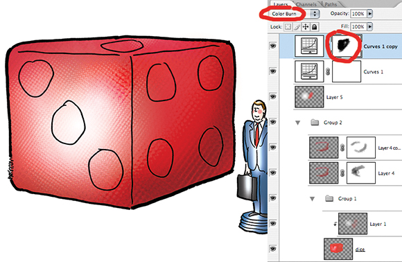 illustration showing dice and board game playing piece in form of little corporate lawyer man with briefcase and Photoshop Layers palette showing how illustration was constructed using blending modes and layer masks