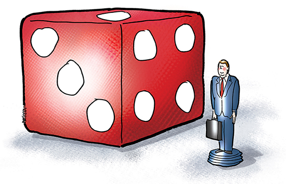 illustration for legal magazine showing large die from set of dice on game board with game playing piece in form of little corporate lawyer man with briefcase