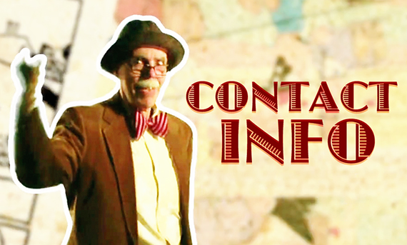 Illustrator Mark Armstrong dressed as Inky Draws, The World's Oldest Living Cartoonist, against comic strip background as Contact Info graphic on blog About Page