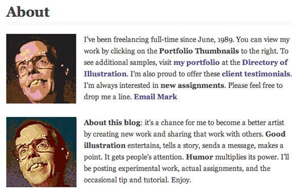 old and original About Page for Mark Armstrong Illustration blog showing photos of illustrator Mark Armstrong