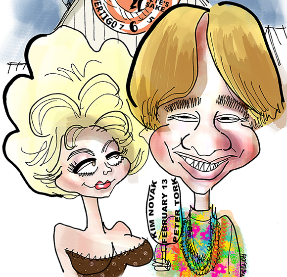 PeterTork.KimNovak.detail detail image for February 13 birthday tribute showing caricatures of actress Kim Novak and Monkees musician Peter Tork in American Gothic painting parody with Vertigo clock, Hitchcock birds, and monkeys in background
