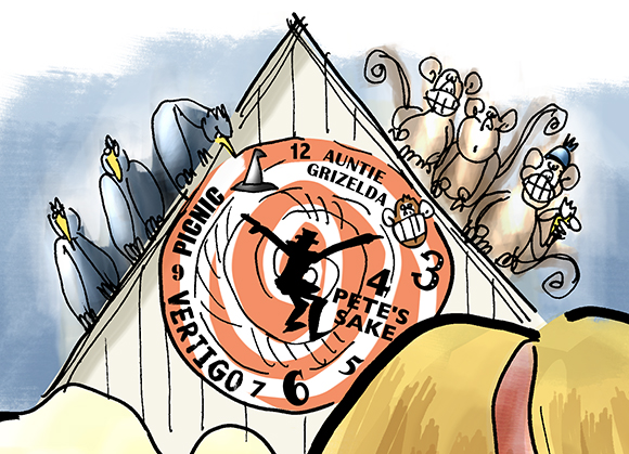 PeterTork.KimNovak.detail2 clock detail image from February 13 birthday tribute showing caricatures of actress Kim Novak and Monkees musician Peter Tork in American Gothic painting parody with Vertigo clock, Hitchcock birds, and monkeys in background