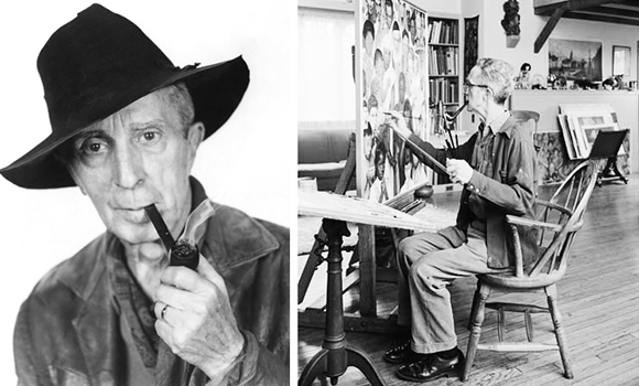 painter Norman Rockwell dressed for bit part in remake of movie Stagecoach and painting in his studio in Stockbridge, Massachusetts