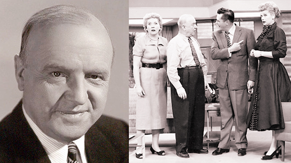 Portrait photo of actor William Frawley and scene from an episode of the television series I Love Lucy, starring Desi Arnaz, Lucille Ball, Vivian Vance, and William Frawley