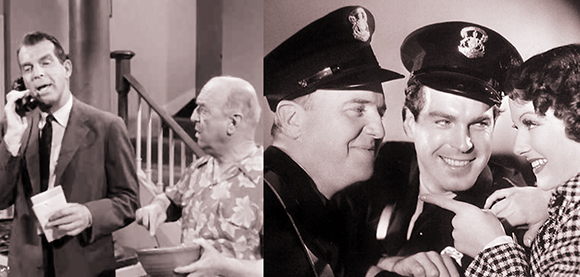 Scene from episode of television series My Three Sons, starring Fred MacMurray and William Frawley, and scene from old movie Car 99, starring William Frawley, Fred MacMurray, and Ann Sheridan