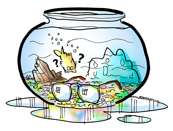 Goldfish bowl illustration, with puzzled goldfish looking at pair of eyeglasses which are resting on bottom of bowl