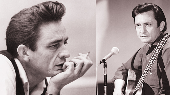 singer Johnny Cash, one photo showing younger Cash when he was starting out as rockabilly singer, the other as a more mature country singer in recording studio with his guitar