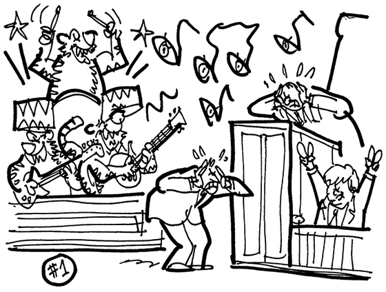 cartoon with tigers playing in rock band in courtroom jury box for joke about a lawsuit where rock group Survivor sued politician Newt Gingrich for using their old hit song Eye Of The Tiger at campaign rallies without permission
