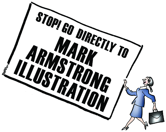 corporate businesswoman in suit carrying briefcase holding a large business card saying Go Directly To Mark Armstrong Illustration