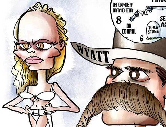 Closeup caricature of actress Ursula Andress who played the first James Bond Girl Honey Ryder in the movie Dr. No