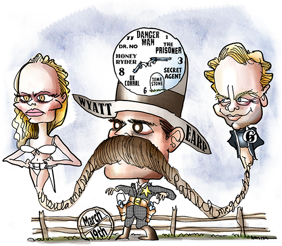 Caricatures of actress Bond Girl Ursula Andress, western lawman Marshall Wyatt Earp, and actor Patrick McGoohan who played Secret Agent John Drake and The Prisoner