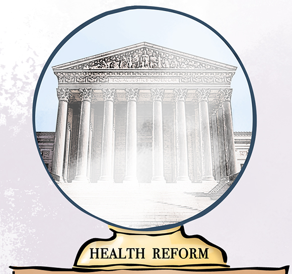 illustration detail showing crystal ball with "Health Reform" written on its base and inside showing the United States Supreme Court Building and crystal is cloudy because no one knows whether supreme court justices will rule Obamacare and healthcare individual mandate unconstitutional