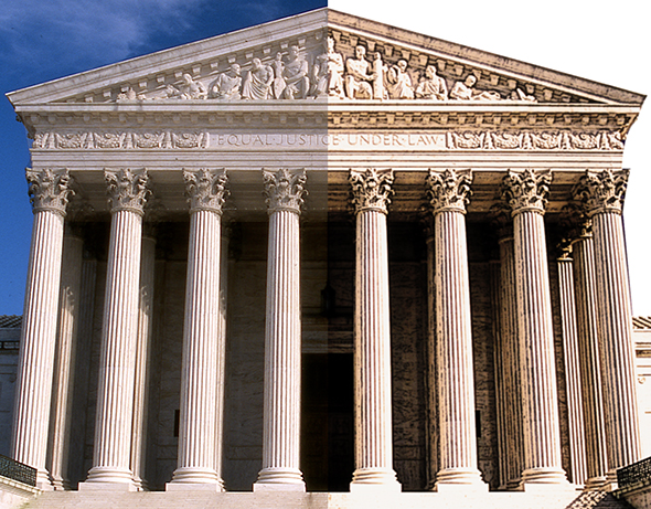 comparison showing portion of Supreme Court Building after using Photoshop to convert photo to an illustration and then adding a slight Gaussian Blur