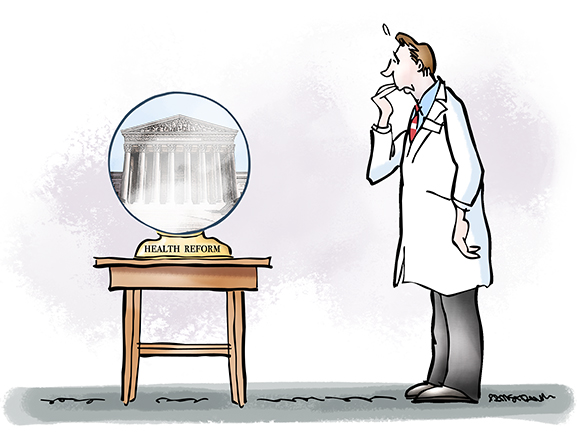 doctor physician looking nervously at crystal ball which has "Health Reform" written on its base and showing the United States Supreme Court Building where judges are deciding whether Obama's new healthcare law and mandate known as Obamacare is constitutional