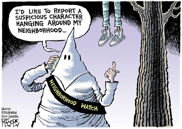 editorial cartoon which compared the Trayvon Martin shooting to racist Klu Klux Klan lynching people just for being black