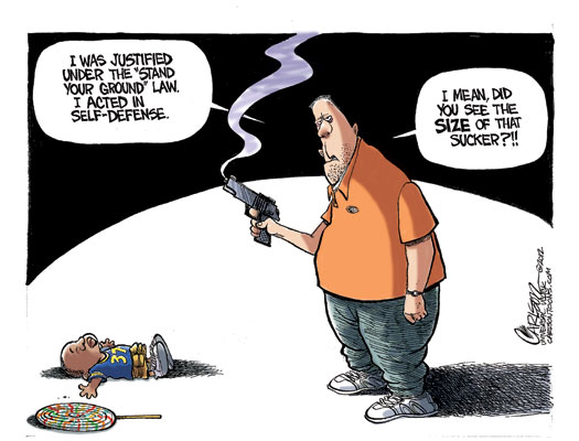 editorial cartoon on Trayvon Martin shooting which shows big white guy shooting little black kid because he felt threatened by the kid's lollipop