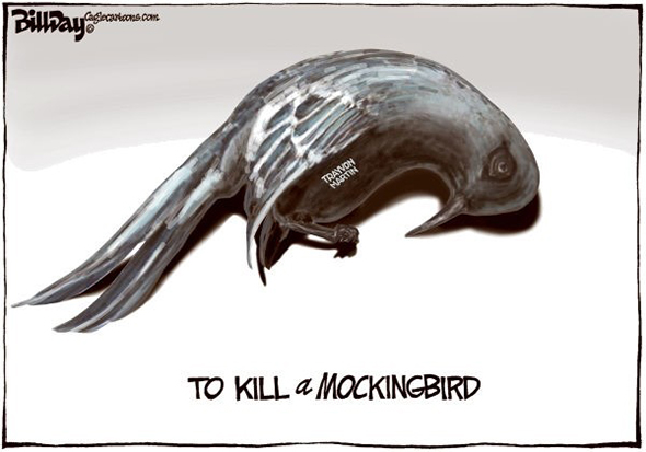 editorial cartoon comparing Trayvon Martin to dead mockingbird an allusion to Harper Lee's book To Kill A Mockingbird with mockingbird symbolizing innocence and goodness