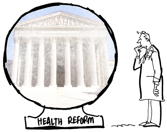 revised sketch for Healthcare Finance News illustration about Supreme Court deciding whether new healthcare law is constitutional and showing nervous doctor in lab coat standing and looking at very large crystal ball