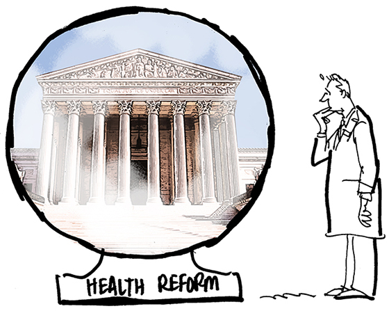 revised sketch for Healthcare Finance News illustration about Supreme Court deciding whether new healthcare law is constitutional and showing nervous doctor in lab coat standing and looking at very large crystal ball with United States Supreme Court Building sharpened and better defined using Photoshop