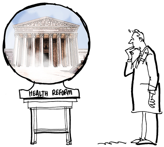 revised sketch for Healthcare Finance News illustration about Supreme Court deciding whether new healthcare law is constitutional and showing nervous doctor in lab coat and crystal ball is smaller and resting on a table