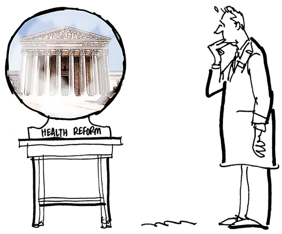 revised sketch for Healthcare Finance News illustration about Supreme Court deciding whether new healthcare law is constitutional and showing nervous doctor in lab coat and crystal ball reduced in size