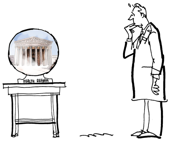 revised sketch for Healthcare Finance News illustration about Supreme Court deciding whether new healthcare law is constitutional and showing nervous doctor in lab coat and crystal ball made even smaller