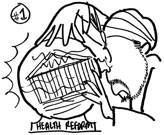 rough sketch for Healthcare Finance News illustration about Supreme Court deciding whether new healthcare law is constitutional and showing swami type fortune teller straining to see into cloudy crystal ball
