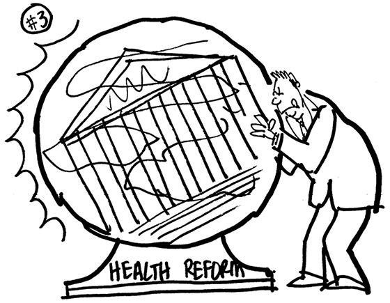 rough sketch for Healthcare Finance News illustration about Supreme Court deciding whether new healthcare law is constitutional and showing man trying to see into cloudy crystal ball