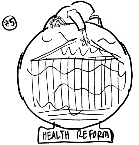 rough sketch for Healthcare Finance News illustration about Supreme Court deciding whether new healthcare law is constitutional and showing guy kneeling on top of cloudy crystal ball trying to see inside it
