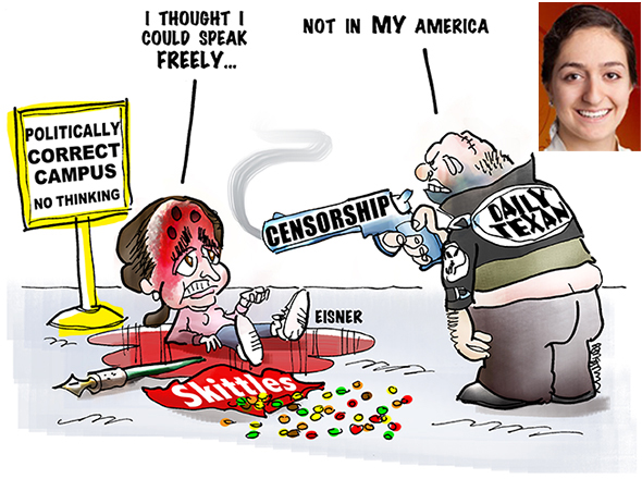 editorial cartoon in defense of University of Texas student newspaper editorial cartoonist Stephanie Eisner who was fired from The Daily Texan after doing a cartoon about the Trayvon Martin shooting plus inset photo of Stephanie Eisner