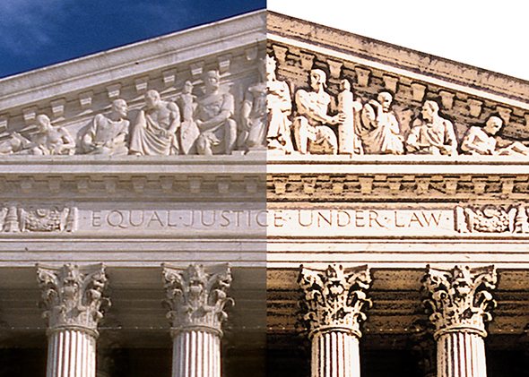 detail compare showing portion of Supreme Court Building after using Photoshop to convert photo to an illustration