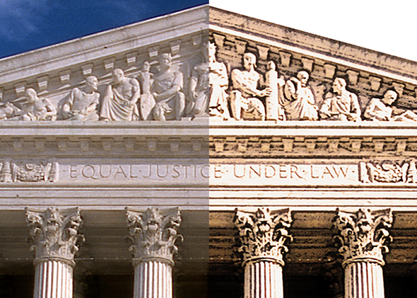 detail compare showing portion of Supreme Court Building after using Photoshop to convert photo to an illustration and then adding slight Gaussian Blur