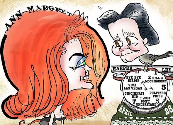 detail image of Actress singer dancer Ann Margret sex kitten caricature with To Kill A Mockingbird author Harper Lee as bird on top of old manual typewriter with built-in birthday clock