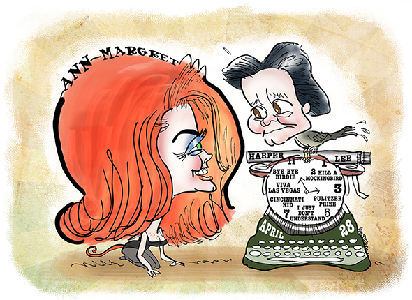 Actress singer dancer Ann Margret sex kitten caricature with To Kill A Mockingbird author Harper Lee as bird on top of old manual typewriter with built-in birthday clock