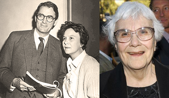 photo of author Harper Lee with actor Gregory Peck during making of film version of novel To Kill A Mockingbird, and photo of Harper Lee taken in 2005