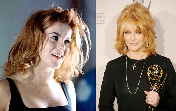 photo of young Ann Margret at dance rehearsal circa mid-1960s, and photo of Ann Margret in 2010 after winning her first Emmy award
