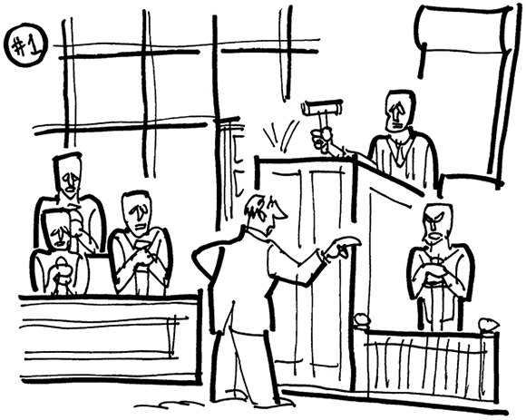 rough sketch for a courtroom cartoon about the Academy of Motion Pictures suing a rental company for copyright infringement because it rents 8-foot-tall gold statues that look like the famous Oscar statuette