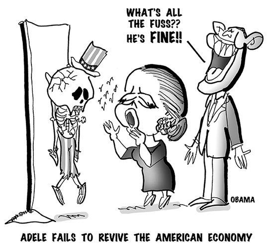 Adele political cartoon showing singer Adele singing and trying to revive a skeleton wearing an Uncle Sam top hat and representing American Economy, President Obama is saying why all the fuss, he's fine