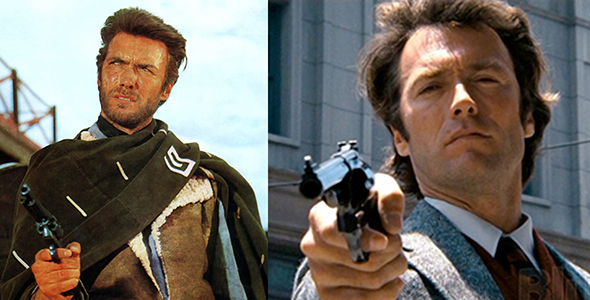 photos of actor Clint Eastwood in his movie roles of the nameless bounty hunter in Fistful of Dollars and other Sergio Leone westerns, and as the tough San Francisco detective and police inspector Lieutenant Dirty Harry Callahan who was famous for saying Do you feel lucky? and Make my day