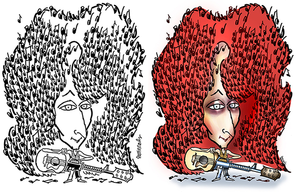 comparison of original B&W and new color version of caricature of folksinger and guitarist Patty Larkin with musical notes caught in her big red hair and carrying a guitar that looks like a machine gun or automatic weapon