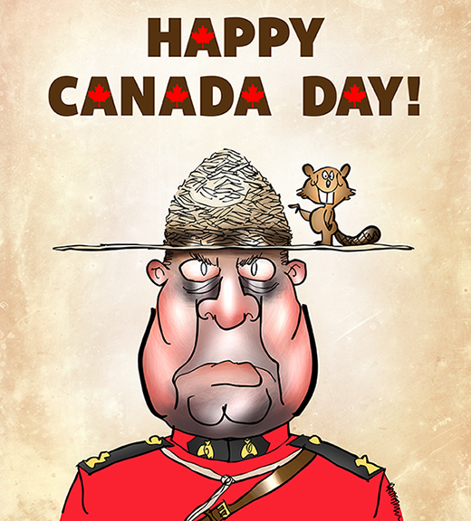 Happy Canada Day poster with Canadian Royal Mounted Police guy with beaver standing on hat brim pointing to hat crown which looks like beaver dam