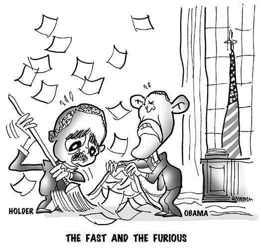 FastFurious political cartoon about Fast & Furious scandal, showing United States Attorney General Eric Holder trying to sweep documents under rug and rug is being lifted up by President Obama in oval office