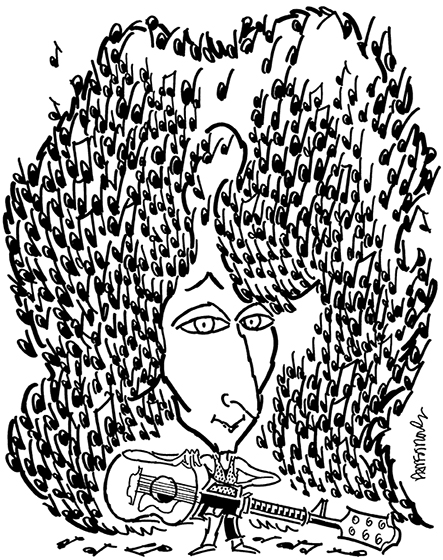 early B&W version of caricature of folksinger and guitarist Patty Larkin with musical notes caught in her big red hair and carrying a guitar that looks like a machine gun or automatic weapon