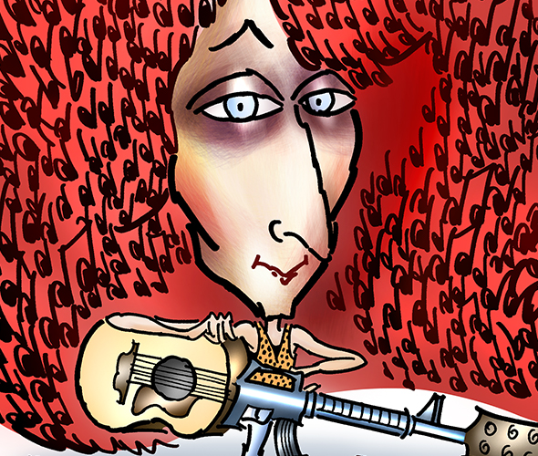 detail image of caricature of folksinger and guitarist Patty Larkin with musical notes caught in her big red hair and carrying a guitar that looks like a machine gun or automatic weapon