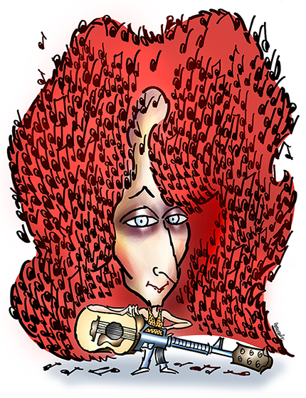 caricature of folksinger and guitarist Patty Larkin with musical notes caught in her big red hair and carrying a guitar that looks like a machine gun or automatic weapon