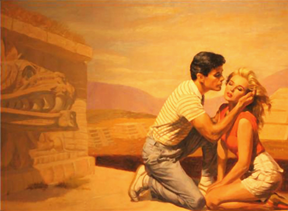 Romance paperback book cover by illustrator Shannon Stirnweis, showing a man and woman kneeling in a near-embrace next to some ancient Mayan ruins suggesting an archeological theme