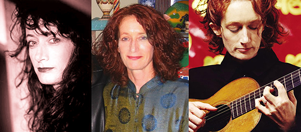 three photographs of folksinger and guitarist Patty Larkin, ranging from young to older to present day mature